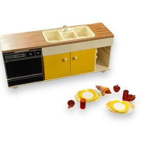Vintage Tomy Dollhouse Kitchen Sink Dishwasher & Partial Table Place Settings
